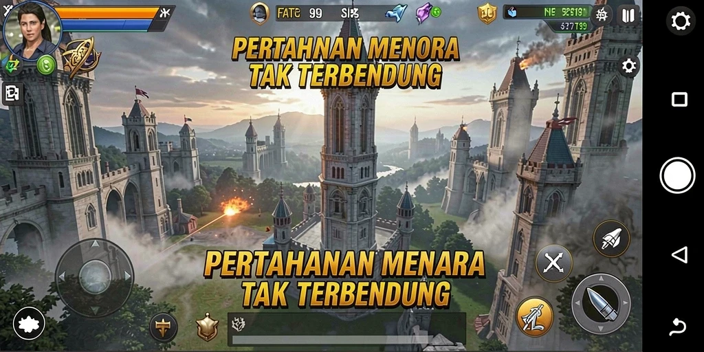 Gameplay intens dari FATCAI99 saat melawan musuh dengan menara strategis.