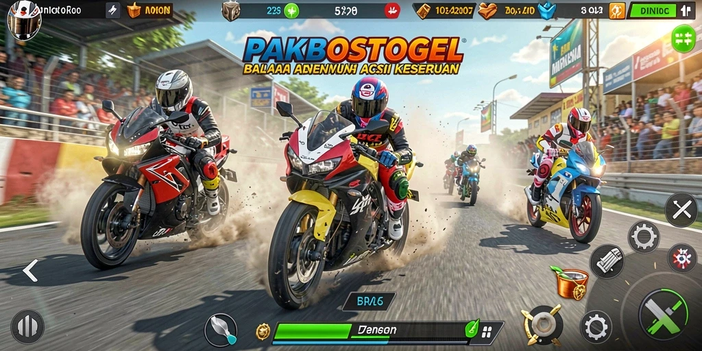 Tampilan gameplay PAKBOSTOGEL yang seru dan mendebarkan saat balapan.